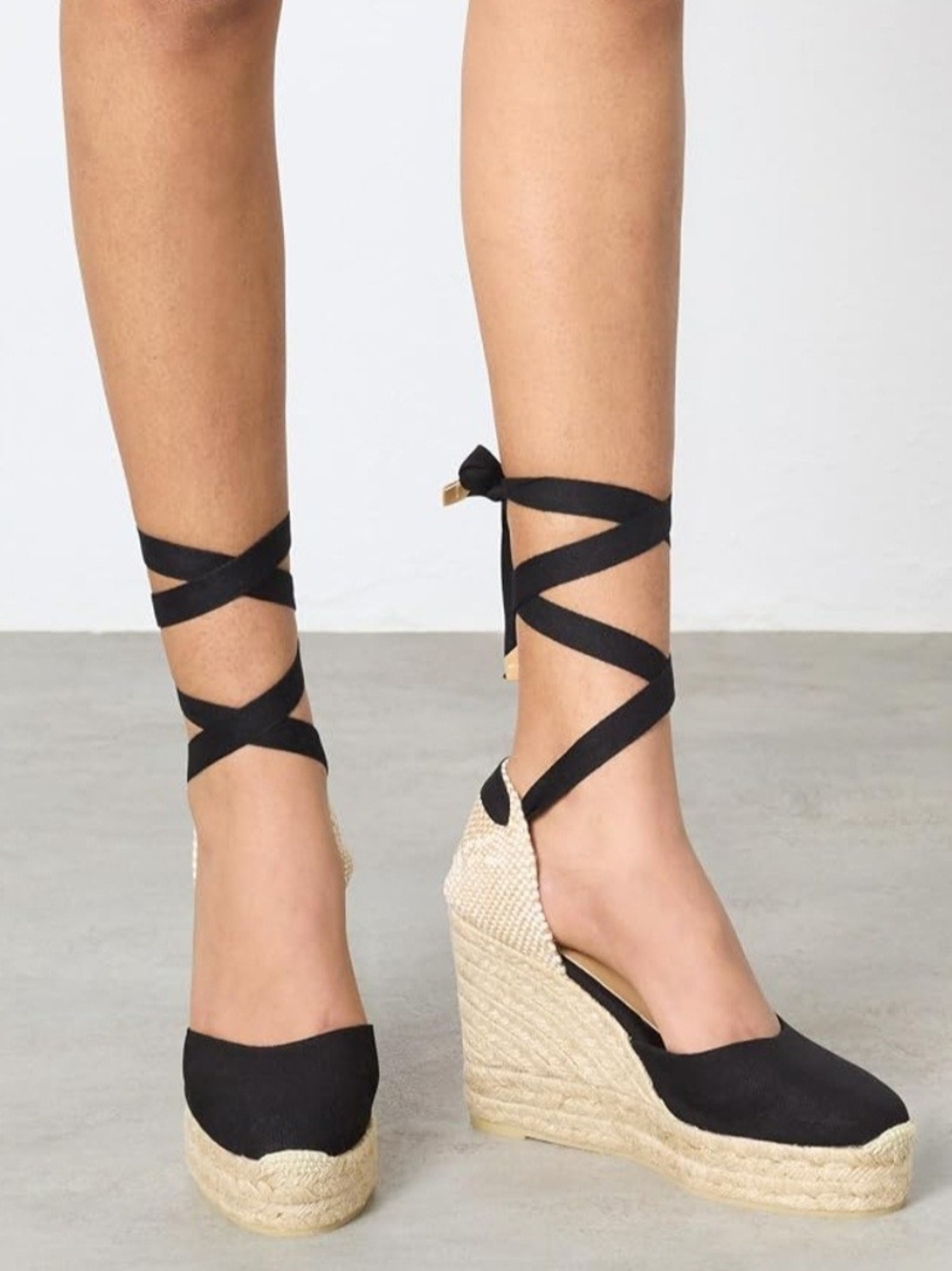 Castaner Black Espadrille Wedge with Wrap-Around Ankle Ties